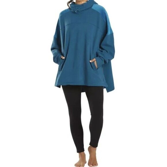 Free People Movement Latitude Oversize Velour Hoodie Tie Cord Hem Slits Blue XS - Picture 1 of 10